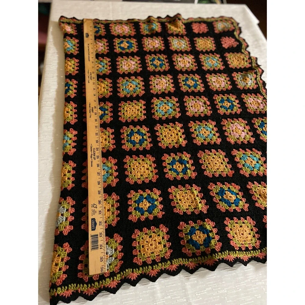 Vintage Handmade Crochet Granny Blanket Black Multi Color Retro Throw 28x36